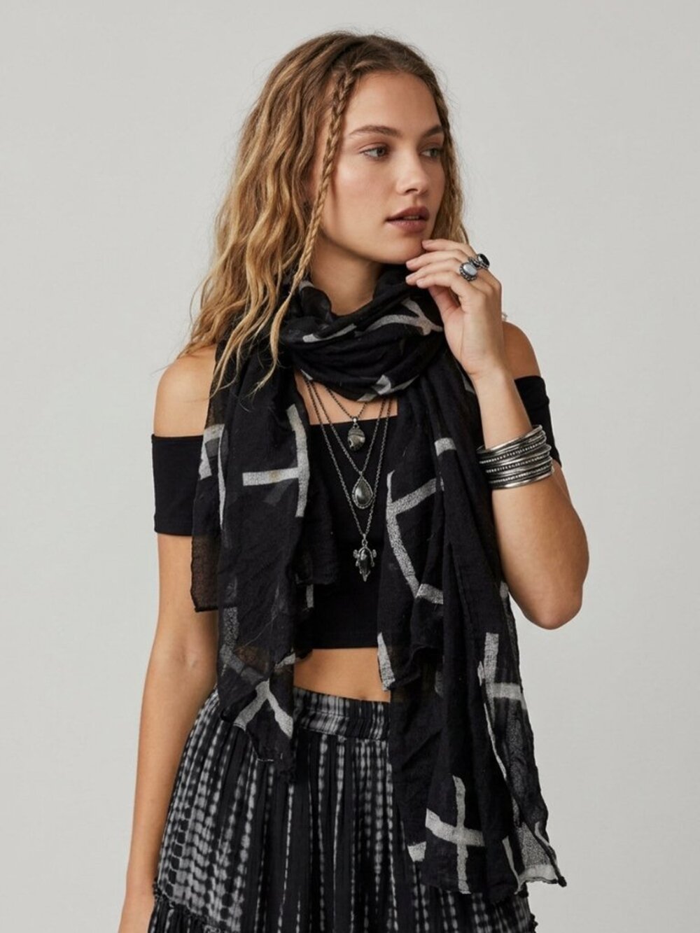 Black White Cross Print Sheer Gauze Lightweight Scarf Grunge Goth Boho Wrap